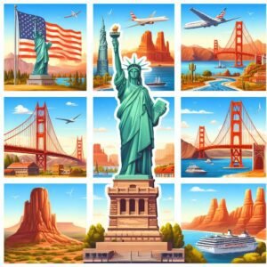 Landmarks or scenic views representing different regions of the USA