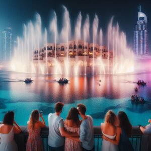 Colorful lights illuminate the Water Jets as Couples Watch