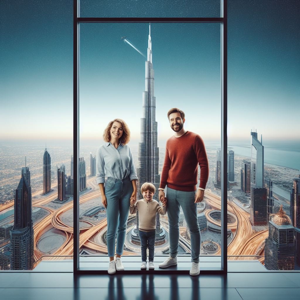 A picture of a family standing in the world's tallest building