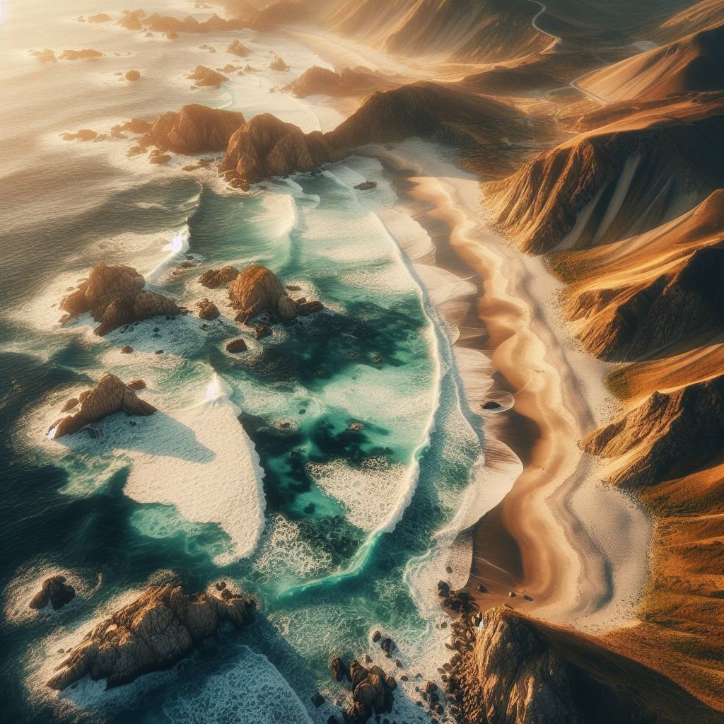 Aerial view of a coastline with rocky formations and crashing waves